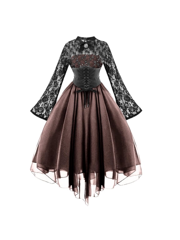 Dresses For Women Fashion Gothic Style 1950s Vintage Midi Dress Croset Long Flare Sleeve A-Line Party Dress Solid Color Festival Clothing