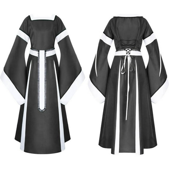 FEIFLY Elegant Dress Gown For Women Halloween Party Formal Evening Gown Long Sleeve Flowy Dress With Waist Cincher Solid Color Festival Clothing