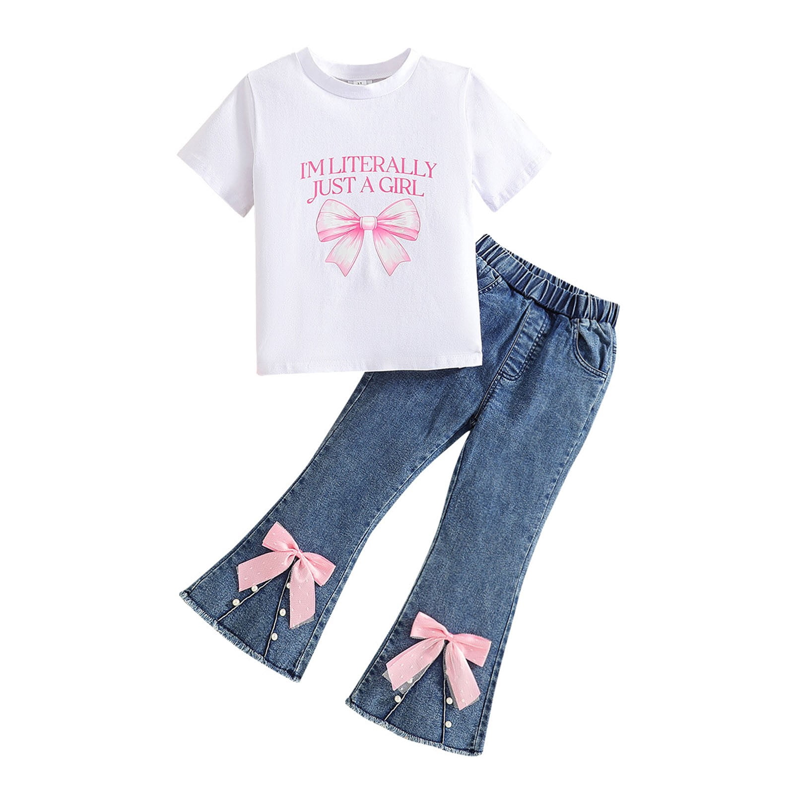 Girls Outfits Sets Toddler Casual Playwear Short Sleeve Letter Print Tops With Bow Denim Bottom Pants Outfits Sets For 2 6 Years Old Comfort Child Clothes Sets