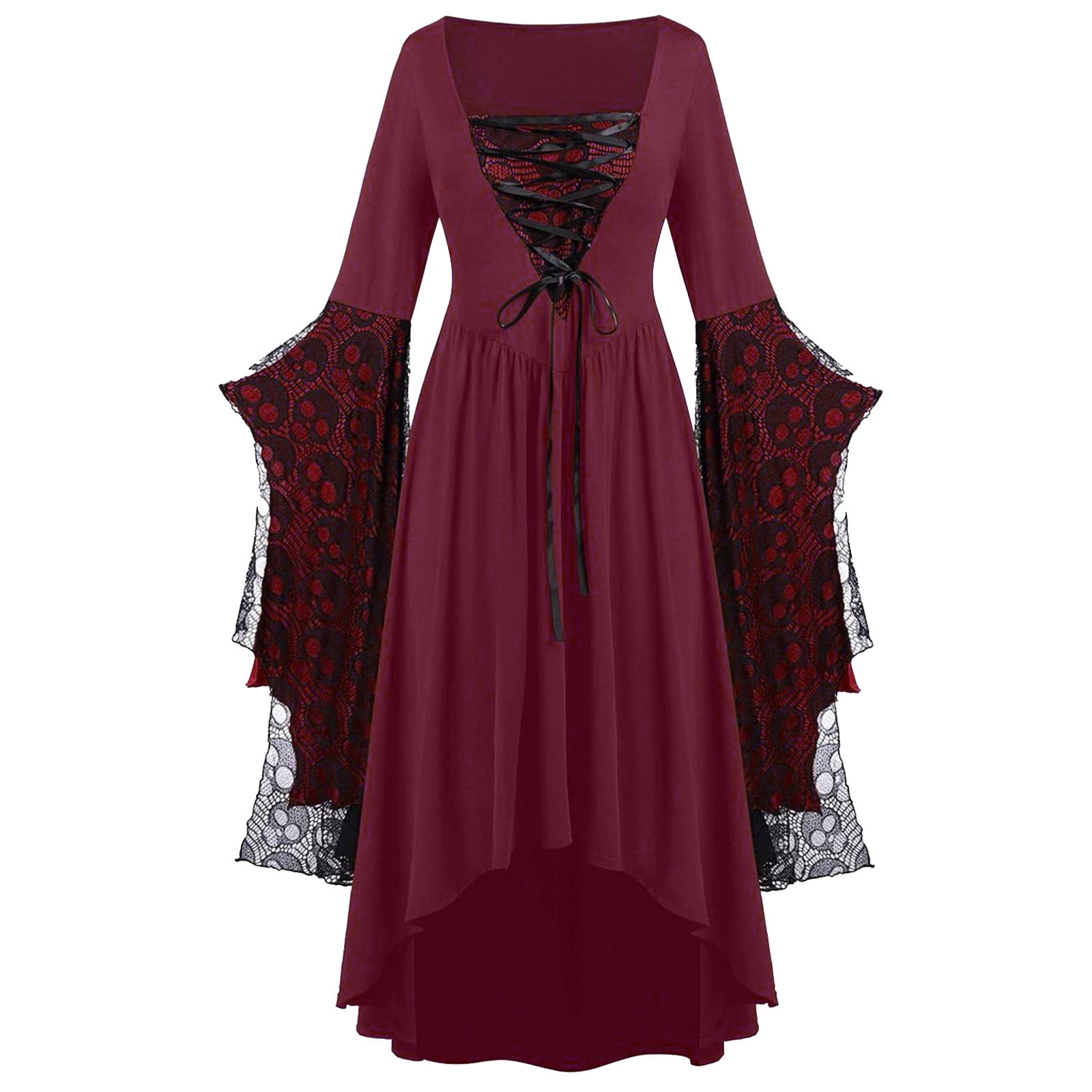 knee length dresses for ladies Plus Size Sexy Womans Halloween Costume Gothic Skeleton Skull Lace Bustier  Long Sleeve Maxi Gown