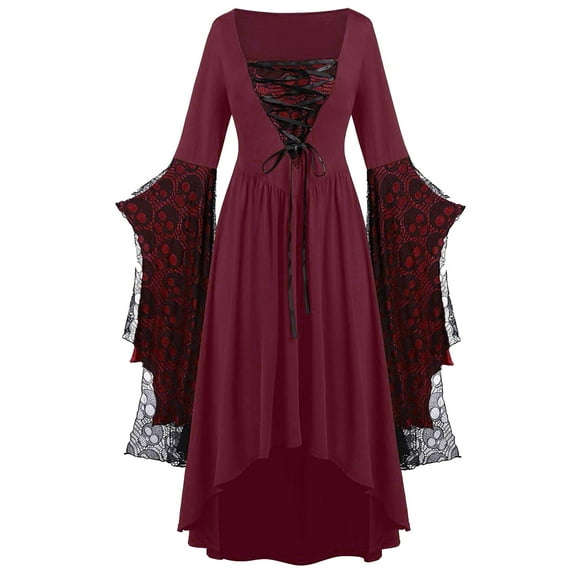FEIFLY Gothic Clothes For Women Halloween Lace Skeleton Punk Dress Plus Size Retro Dress Solid Color Festival Clothing