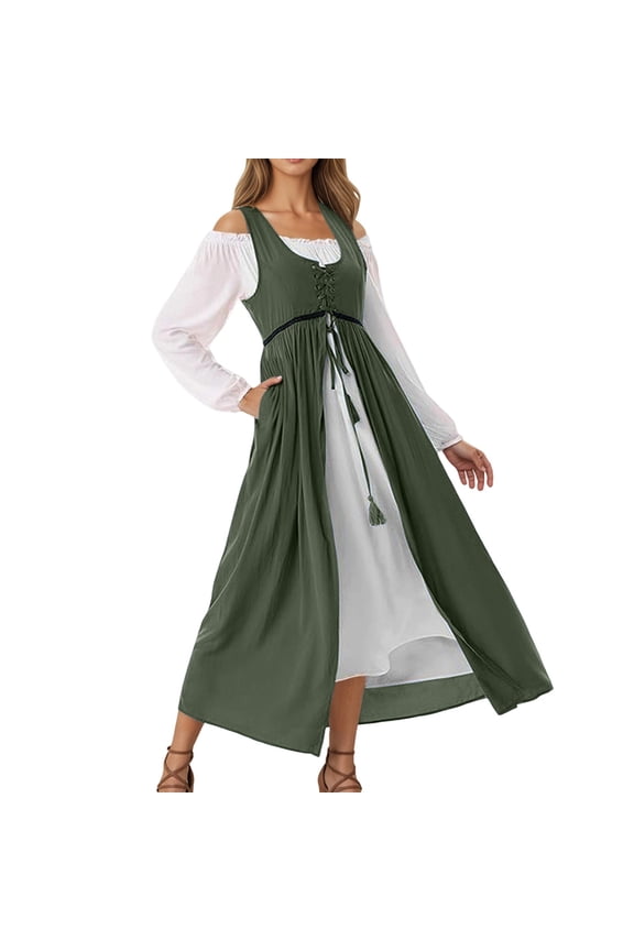 Gothic Style Women Long Sleeve Dress Historical Reenactment Solid Color Festival Clothing