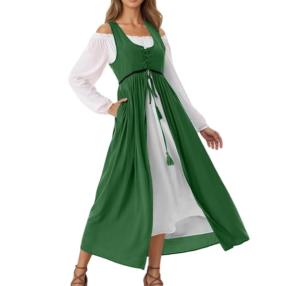 FEIFLY Gothic Style Women Long Sleeve Dress Historical Reenactment Solid Color Festival Clothing