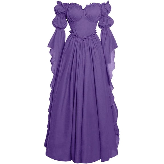 FEIFLY Halloween Elegant Dress O-Neck Women's Square Neck Long Sleeve Gown Formal Party Historical Reenactment Performance Outfits Holiday Clothing