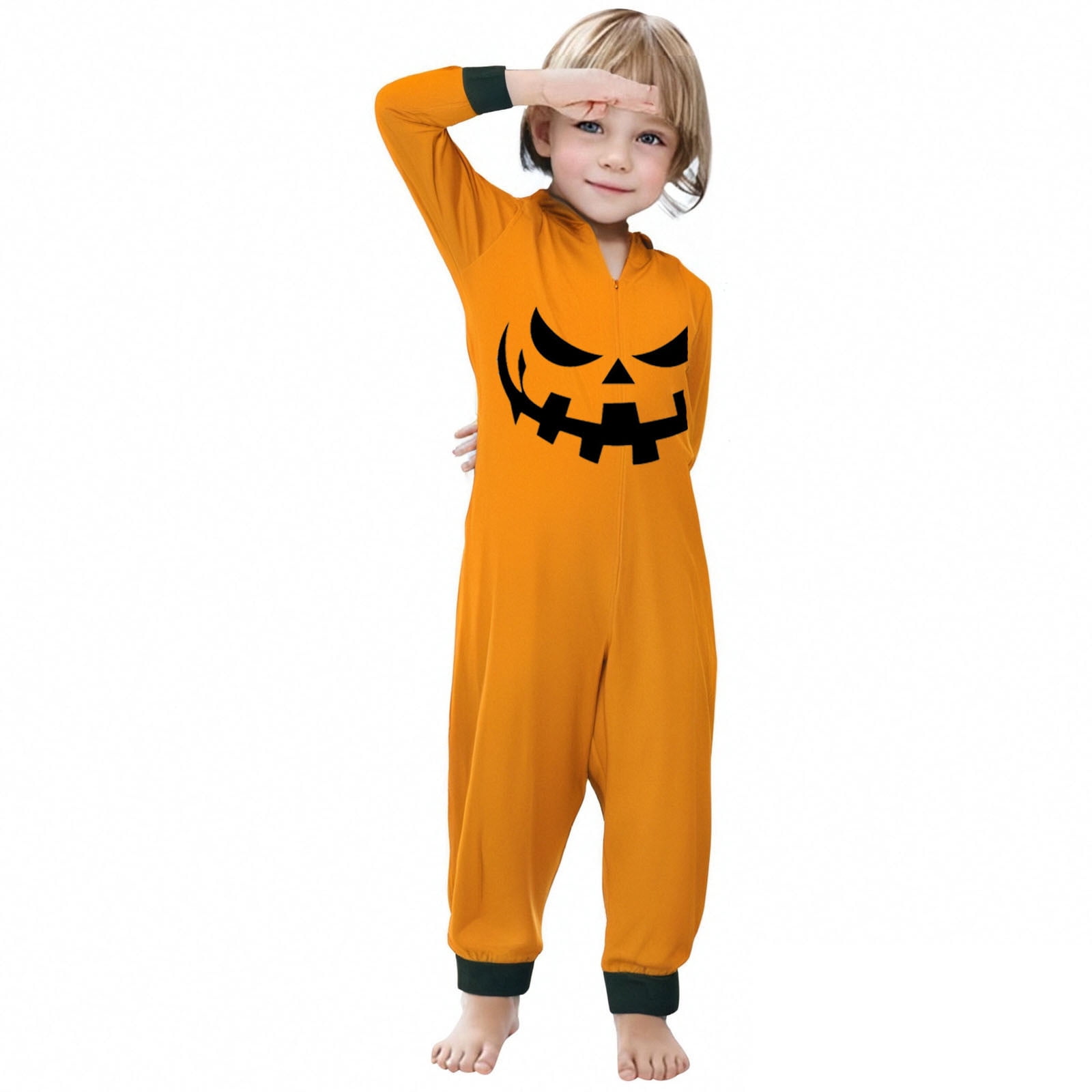 FEIFLY Halloween Printed Hooded Zipper Home Jumpsuit Pumpkin Onesie Family Matching Romper Holiday Loungewear For Kids