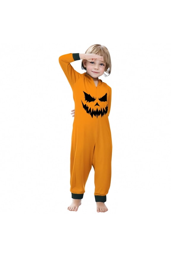 Halloween Printed Hooded Zipper Home Jumpsuit Pumpkin Onesie Family Matching Romper Holiday Loungewear For Kids