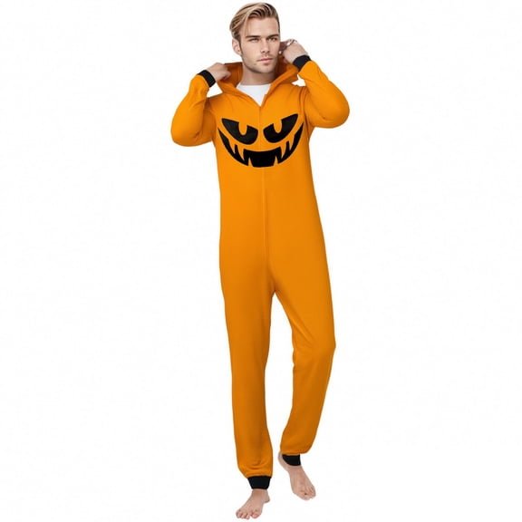FEIFLY Halloween Printed Hooded Zipper Home Jumpsuit Pumpkin Onesie Family Matching Romper Holiday Loungewear For Men