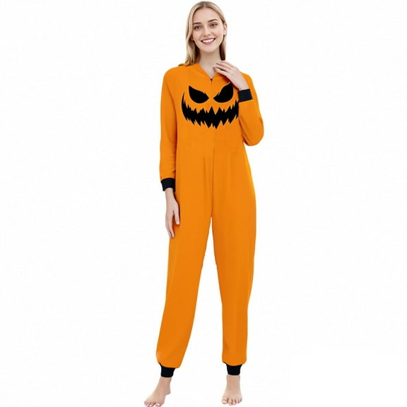 FEIFLY Halloween Printed Hooded Zipper Home Jumpsuit Pumpkin Onesie Family Matching Romper Holiday Loungewear For Women