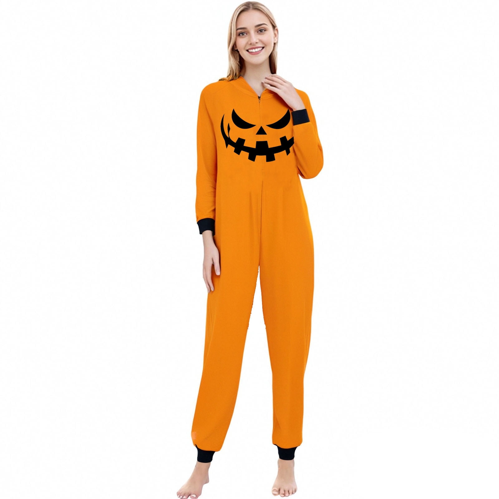 FEIFLY Halloween Printed Hooded Zipper Home Jumpsuit Pumpkin Onesie Family Matching Romper Holiday Loungewear For Women
