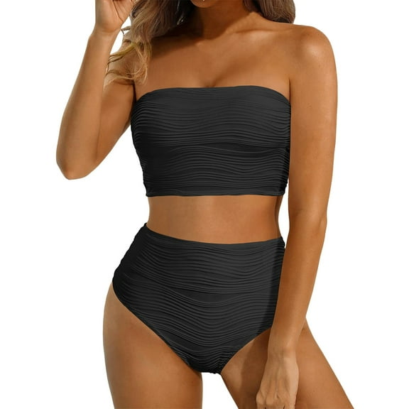 FEIFLY High Waisted Bandeau Bikini Set Women Strapless Two Piece Swimsuits Ribbed Longline Full Coverage Bathing Suits Swimwear Soft Female Pool Solid Color Vacation Summer Bathing Suit