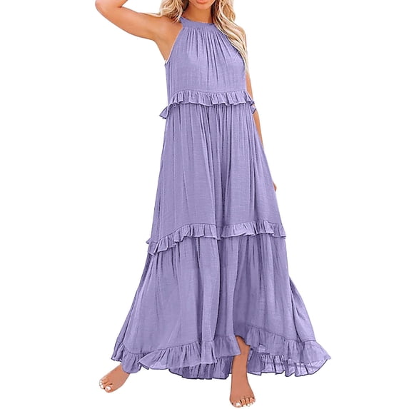 FEIFLY Long Summer Dresses For Women Sleeveless Maxi Dress Casual Flowy Ruffle Elegant Dress Holiday Female Solid Color Sundress