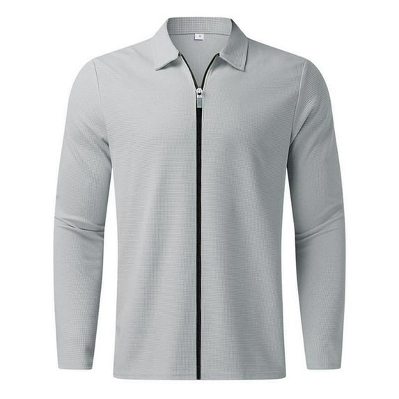 FEIFLY Men Casual Autumn Striped Fabric T Shirt Zipper Turn Down Collar Long Sleeve Tops T Shirt Solid Color Fashionable Outwear