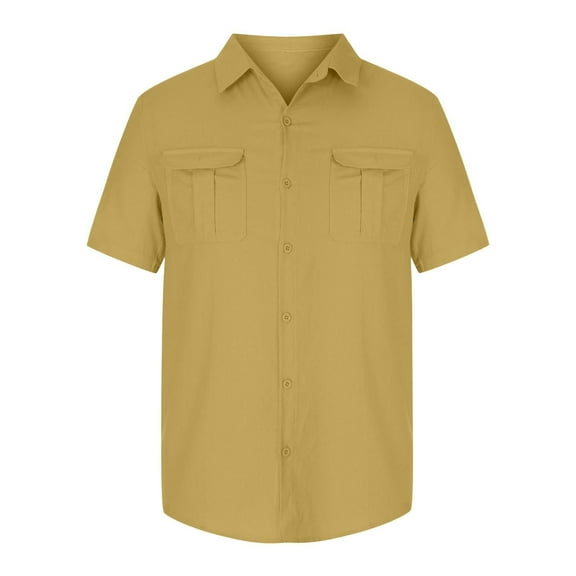 FEIFLY Men Casual Solid Color Tops Shirt Double Pockets Short Sleeve Elegant Turn Down Shirt Button Formal Shirt Classic Wear