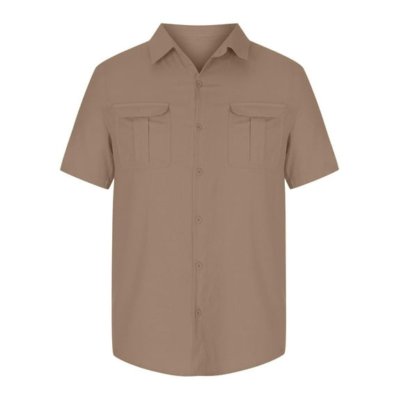 FEIFLY Men Casual Solid Color Tops Shirt Double Pockets Short Sleeve Elegant Turn Down Shirt Button Formal Shirt Relaxed Fit Wear