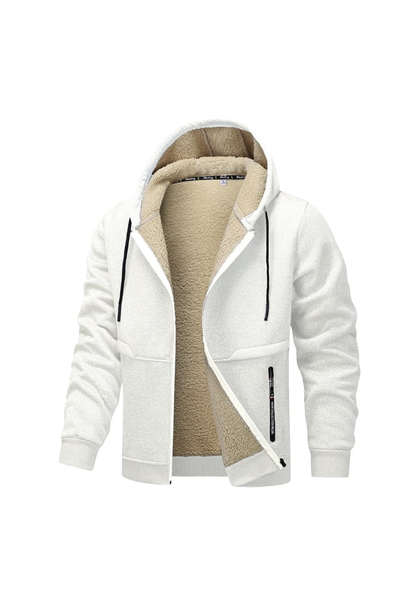 Men Thermal Plush Hooded Jacket Long Sleeve Outdoor Winter Warm Coat Full Zip Up Windproof Soft Comfortable Activewear Outerwear