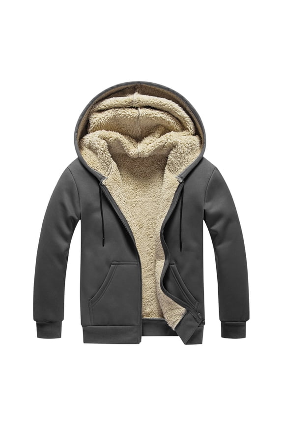 Men's Winter Casual Plush Solid Color Hooded Coats Long Sleeve Zipper Pocket Coats Jacket Comfort Outwear