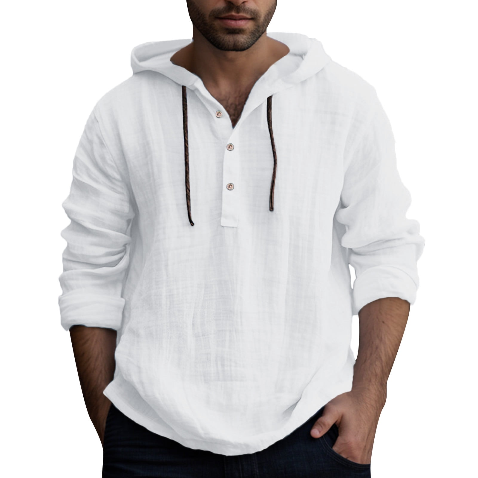 FEIFLY Mens Fashion Blouses Solid Color Simple Casual Button Hooded ...