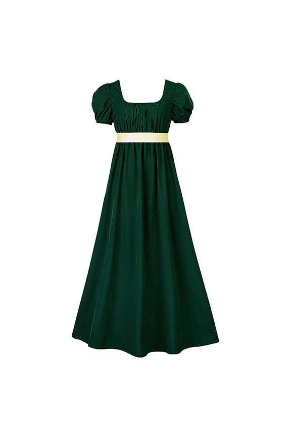 Regency Dresses For Women With Satin Sash Ruffled Puff Sleeve Empire Waist Dress Gown Solid Color Festival Clothing