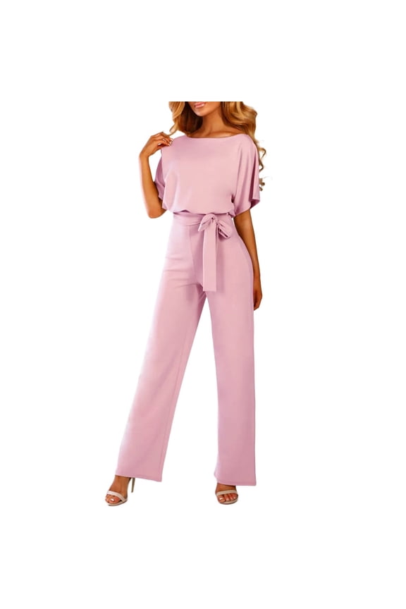 Solid Color Women Short Sleeve Playsuit Clubwear Straight Leg Jumpsuit With Belt Versatile Wear
