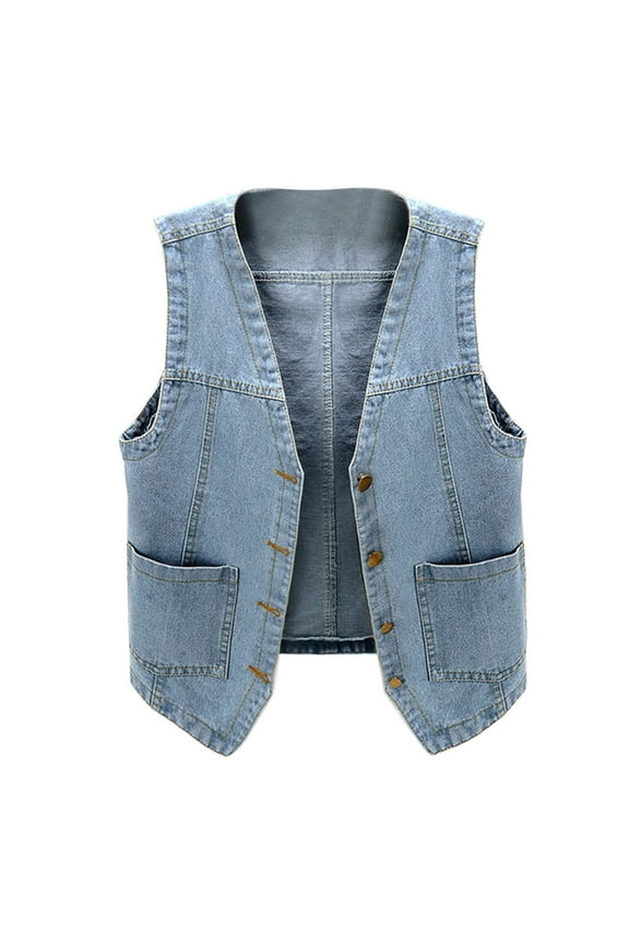 Solid Color Womens Sleeveless Denim Vest V-Neck Button Down Jean Jacket Breathable Wear