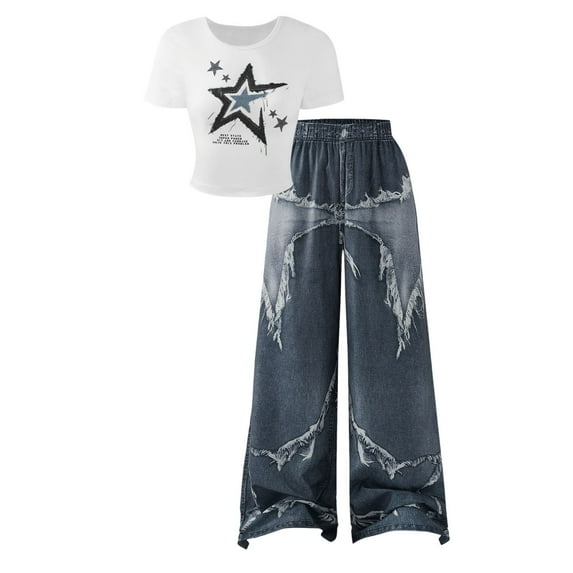 FEIFLY Star Print Girls Two Piece Outfit Fashionable Fitted Tee With Distressed Denim Long Pants Casual Streetwear Style Teen Girls Birthday Winter O-Neck Child Kids Long Sleeve Clothing Sets