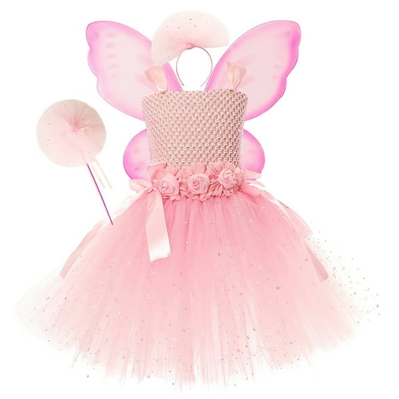 FEIFLY Toddler Halloween Girls Princess Dress Tutu Mesh Dress With Wing Fairy Wand Headwear 4pcs Sets Performance Solid Color Festival Clothing