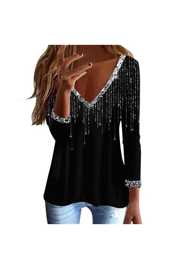 Tops For Womens Casual Tops Sparkling Print Long Sleeve V Neck Tee Shirt Loose Side Split Blouse Tunic Trendy Female Tops