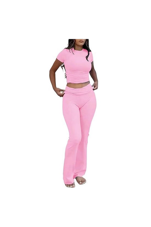 Women 2 Piece Outfits Slim Short Sleeve Tops Low Rise Flare Leggings Sets Yoga Sweatsuit Solid Color Classic Female Outfits Sets