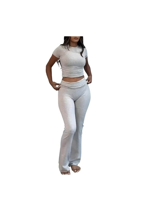 Women 2 Piece Outfits Slim Short Sleeve Tops Low Rise Flare Leggings Sets Yoga Sweatsuit Solid Color Female Outfits Sets