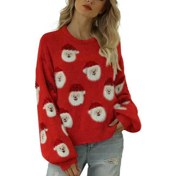 FEIFLY Women Christmas Knitted Sweater Cute Santa Head Pattern Crewneck Pullover Sweater Classic Female Knitwear