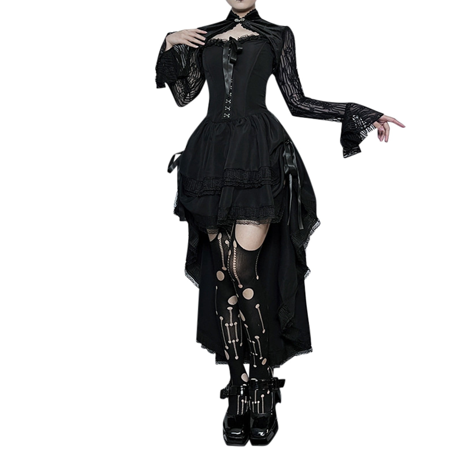 Feifly Women Dark Style Short Front And Long Back Slim Gothic Belted Strappy Backless Dress Solid Color Festival Clothing