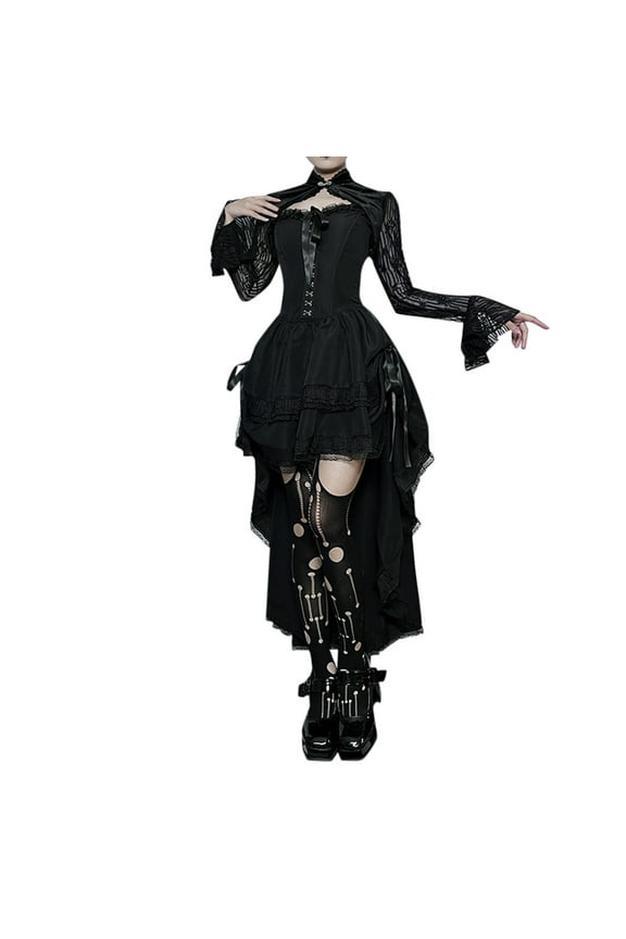 Women Dark Style Short Front And Long Back Slim Gothic Belted Strappy Backless Dress Solid Color Festival Clothing