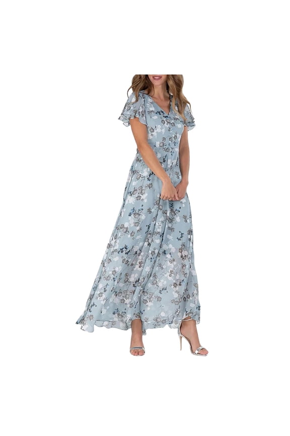 Women Dresses Flowy Boho Vacation Swing Long Dress Chiffon Floral Short Sleeve Ruffle V-Neck Fashion Waist Flowy Dresses Flowy Boho Vacation Dress Sundress Classic Wear