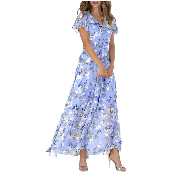FEIFLY Women Dresses Flowy Boho Vacation Swing Long Dress Chiffon Floral Short Sleeve Ruffle V-Neck Fashion Waist Flowy Dresses Flowy Boho Vacation Dress Sundress Relaxed Fit Wear