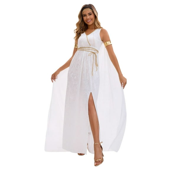 FEIFLY Women Elegant Athenian Dress Outfits For Halloween Party Ancient Theme White Robe Solid Color Festival Clothing