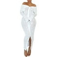 thumbnail image 1 of FEIFLY Women Elegant Off Shoulder Dress Long Sleeve Button Down Split Ruffle Bodycon Midi Dresses Solid Color Festival Clothing, 1 of 5