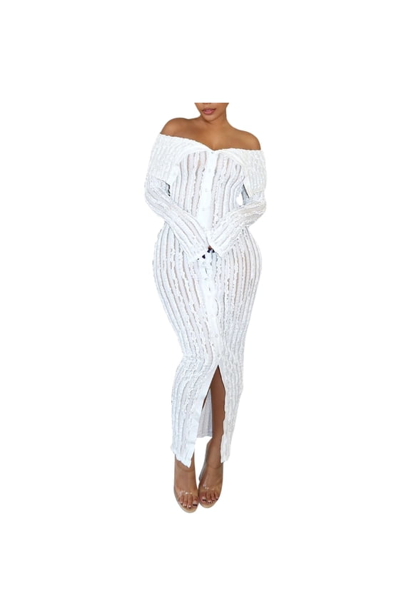 Women Elegant Off Shoulder Dress Long Sleeve Button Down Split Ruffle Bodycon Midi Dresses Solid Color Festival Clothing