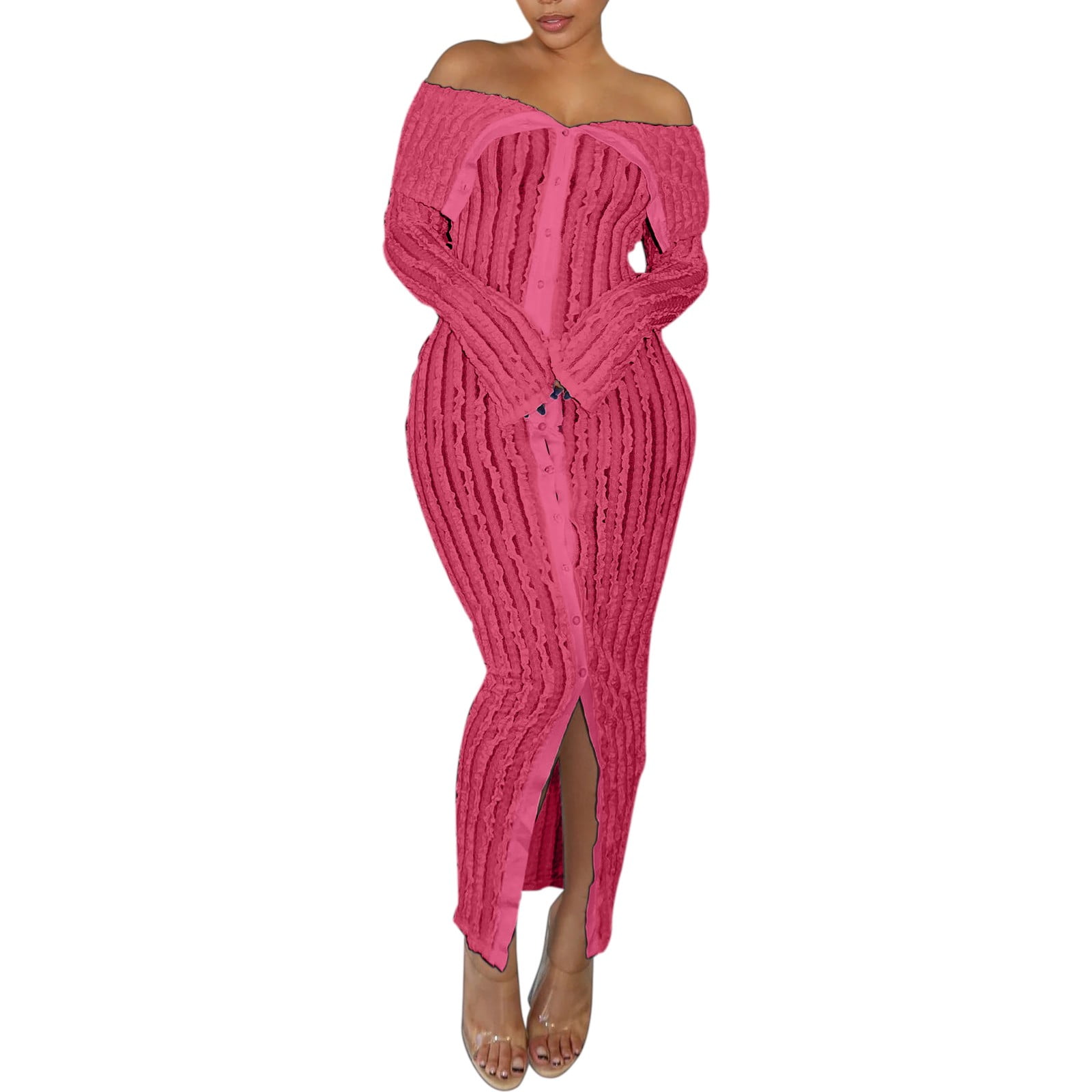 off shoulder button up dress FEIFLY Women Elegant Off Shoulder Dress Long Sleeve Button Down Split  Ruffle Bodycon Midi Dresses Solid Color Festival Clothing
