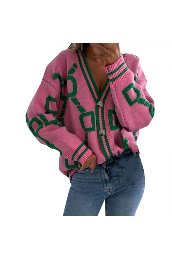 Women Fashion V Neck Long Sleeve Single Cardigan Sweater Coats Retro Loose Casual Knitted Tops Solid Color Female Outwear