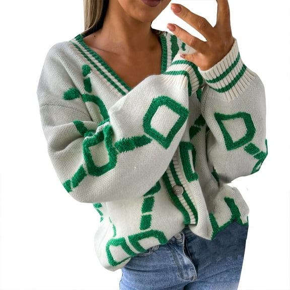 FEIFLY Women Fashion V Neck Long Sleeve Single Cardigan Sweater Coats Retro Loose Casual Knitted Tops Solid Color Leisure Female Outwear