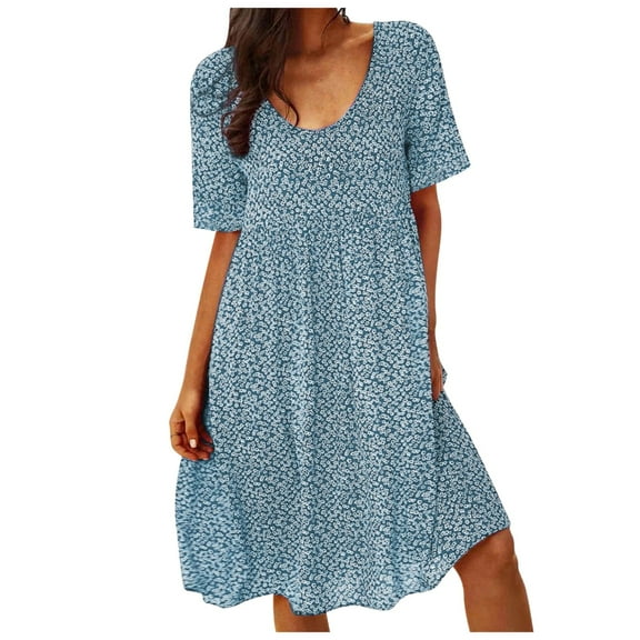FEIFLY Women Floral Pockets Plus Size Midi Dress Summer Casual Bohemian Printed Short Sleeve Dress Beach Pullover Print Maxi Dress Classic Wear