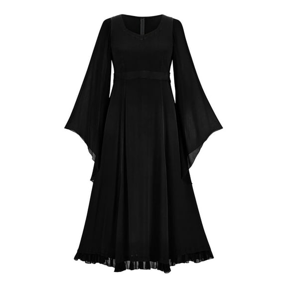 FEIFLY Women Gothic Solid Color Patchwork Long Dresses With Punk Style And Large Swing Dress Festival Clothing