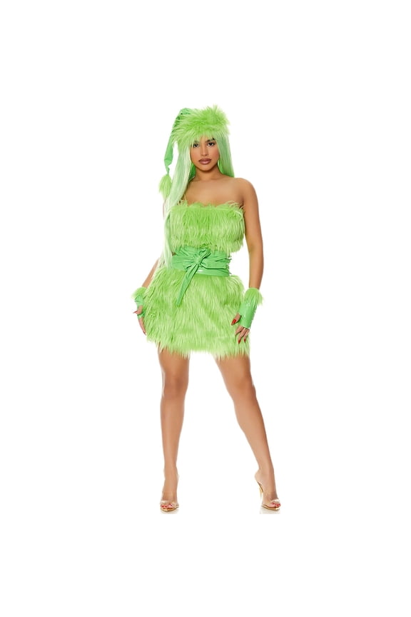 Women Green Furry Dresses For Halloween & Christmas Dress Up Solid Color Festival Clothing