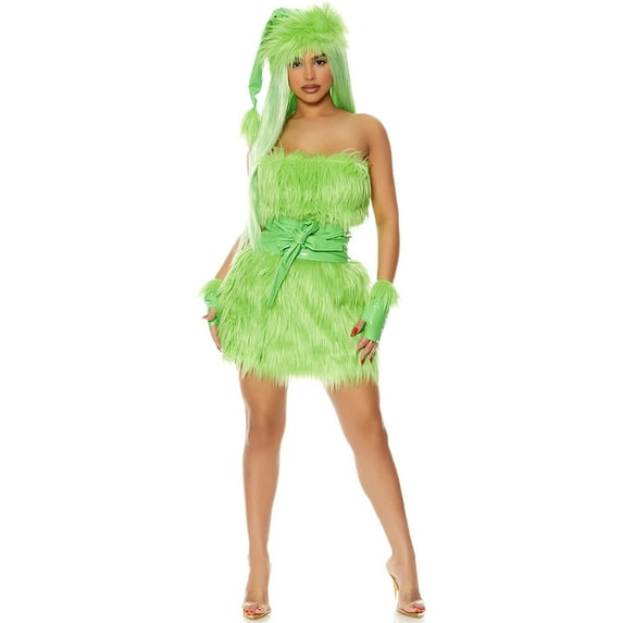 FEIFLY Women Green Furry Dresses For Halloween & Christmas Dress Up Solid Color Festival Clothing