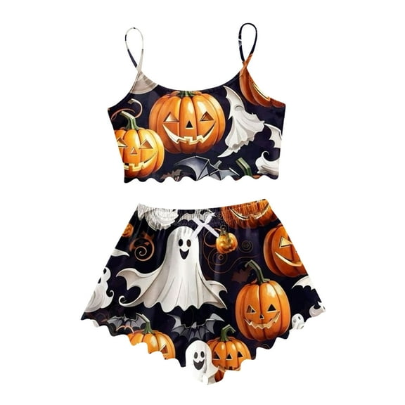 FEIFLY Women Halloween Cartoon Print Sleeveless Pajama Sets Camis Tops Shorts Sets Trends Cute Loungewear Sleepwear Pj Sets