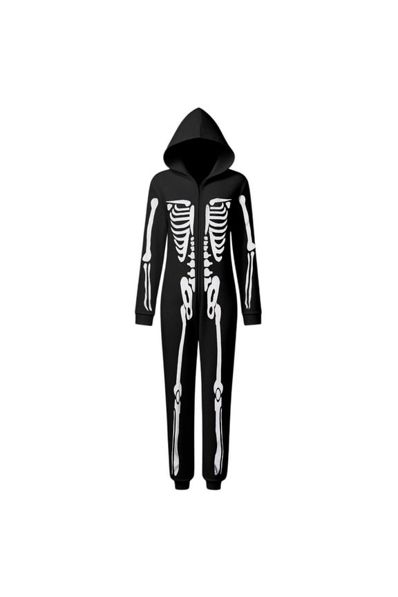 Women Jumpsuit Halloween Skeleton Themed Parties Hood Cartoon Onesie Family Matching Romper Holiday Loungewear Homewear Casual Party Wear Comfortable