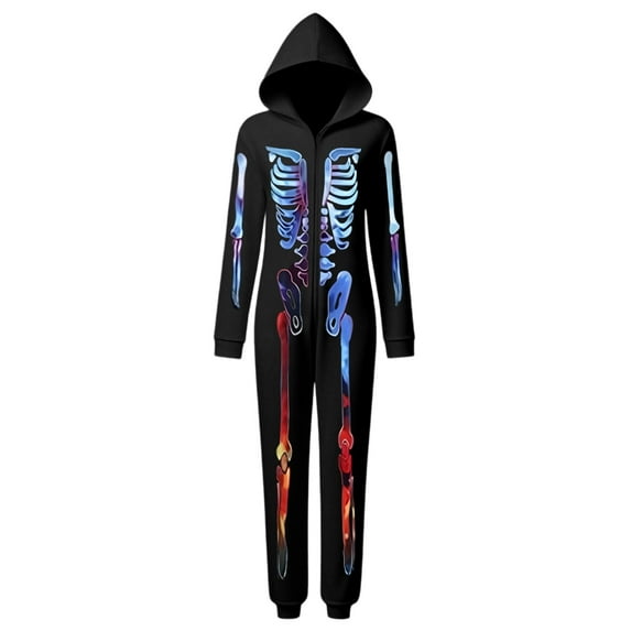 FEIFLY Women Jumpsuit Halloween Skeleton Themed Parties Hood Cartoon Onesie Family Matching Romper Holiday Loungewear Homewear Casual Party Wear Comfortable Sleepwear Pajamas