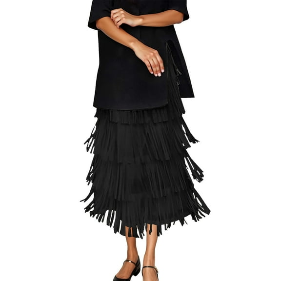 FEIFLY Women Layered Fringe Hem Maxi Skirt For Elegant Tiered Ruffle Design Flowy Boho Style High Waist A-Line Long Skirt Casual Party Wear Trendy Female Solid Color Dailywear