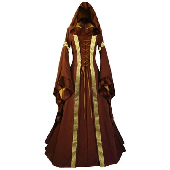 FEIFLY Women Long Dresses Retro Hooded Dress With Flared Sleeves Performance Solid Color Festival Clothing