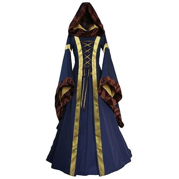 FEIFLY Women Long Dresses Retro Hooded Dress With Flared Sleeves Performance Solid Color Festival Clothing
